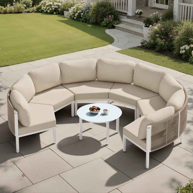  6 - Person Aluminum Sofa Seating Group with Sunbrella Cushions, Canvas Antique Beige, White
