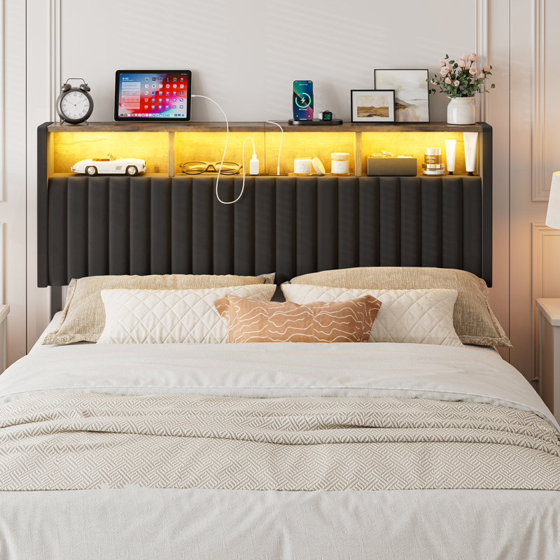  Full Size Headboard Only With Storage, Adjustable Height, Velvet Upholstered Head Board With Led Lights & Charging Station, Modern Freestanding Headboard, Easy Assembly, Black
