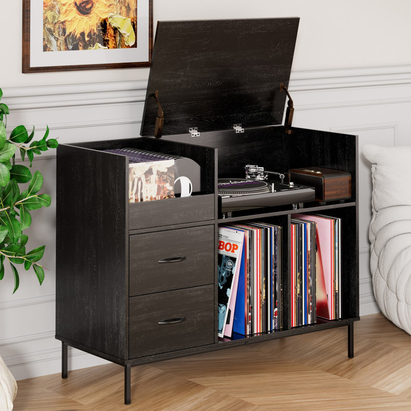 Record Player Stand with Flip-Top & Power Strip, Vinyl Storage Cabinet with 2 Drawers and Dustproof Cubbies, Black Media Console with Built-in Cable Management for Living Room and Study