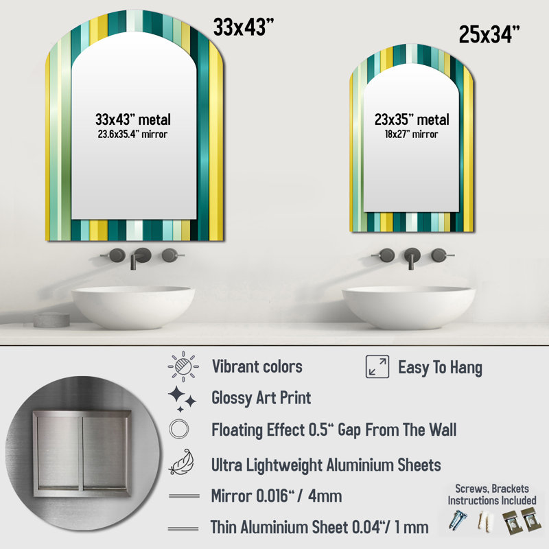 Green And Yellow Stripes Harmony - Striped Arch Decorative Mirror, Modern Asymmetrical Wall Mirror, Printed Metal Art