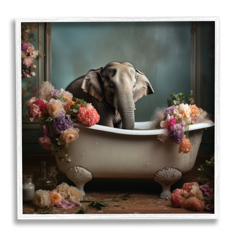 «Elephant in Vintage Tub» par Lazar Studio - impression d'un cadre photo sur bois, H 17 po x l 17 po x P 1,5 po