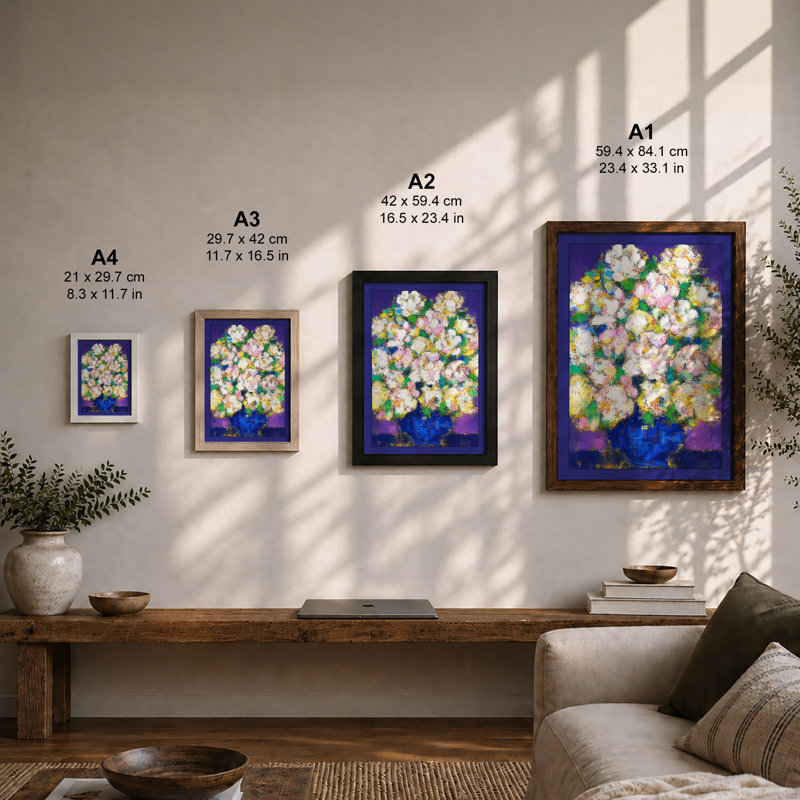 Chrysanthemums in Blue Botanical 1 Piece Single Picture Frame Wall Art, A4 - 29.7 x 21.0 cm, Walnut