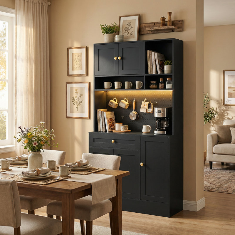 LED Pantry Cabinets With Pegboard, Kitchen Pantry Storage Cabinet With Outlet & Microwave Stand, Kitchen Hutch Coffee Bar With 5 Hooks And Adjustable Shelf