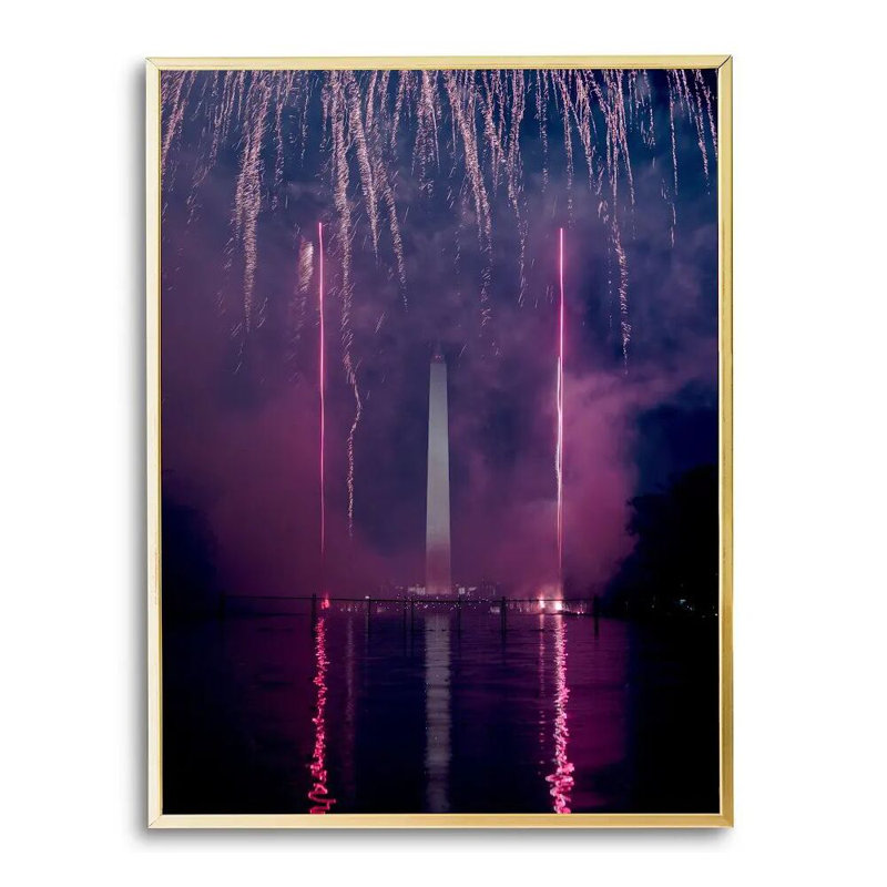 Fireworks At The Reflecting Pool Print by Angela Pan, Gold Floater Framed Canvas, No Mat, 42" H x 32" W