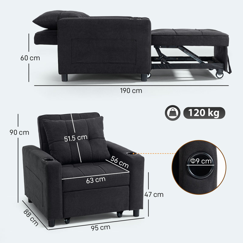 HOMCOM 3-in-1 Single Sofa Bed Convertible Pull Out Sleeper Chair, Black