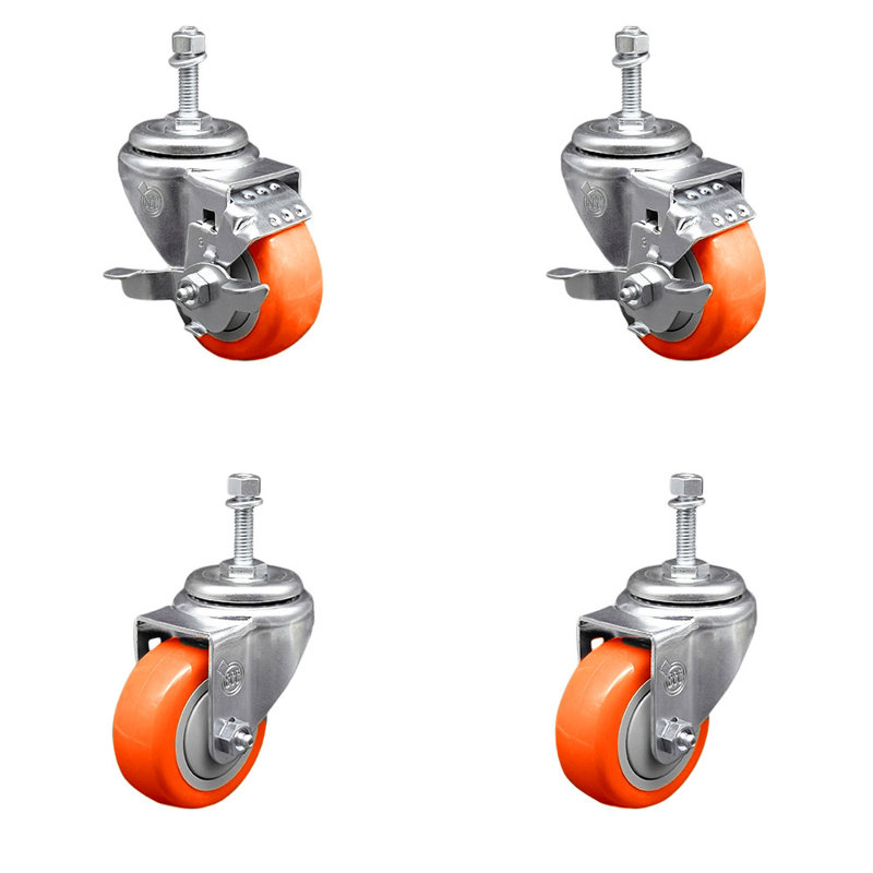 Ensemble de 3 roulettes à tige filetée en polyuréthane pivotant de 3/8 po et 3 freins, Orange