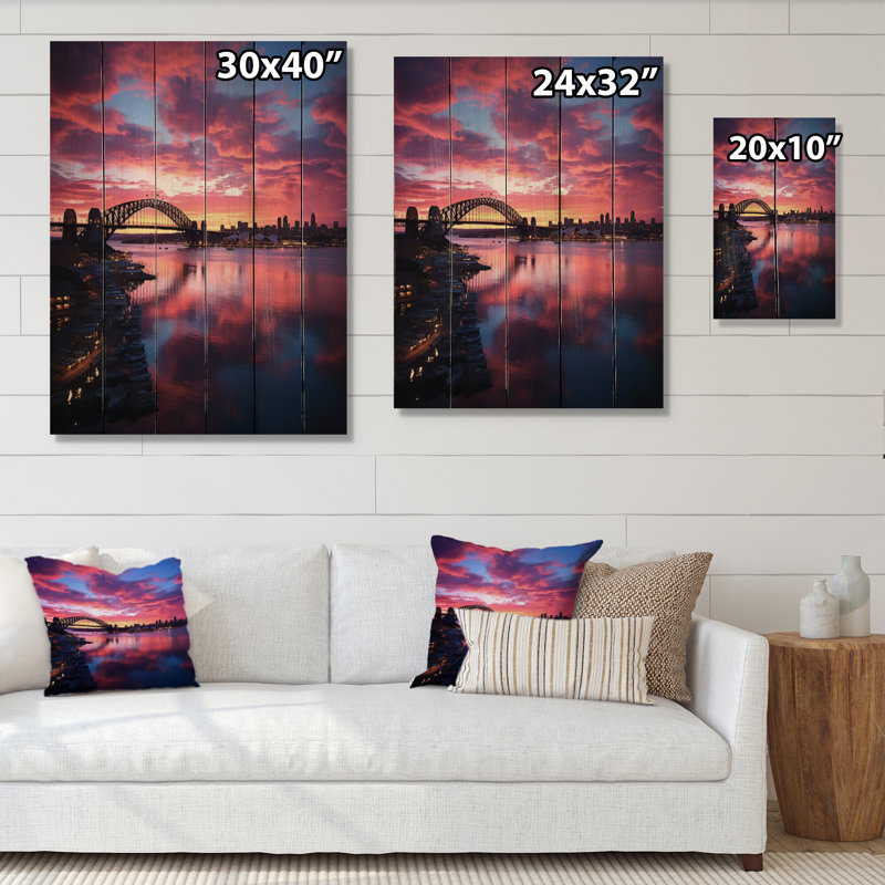 Australie, Sydney Harbour Sunrise - impression de paysages urbains sur bois de pin naturel, H 32 po x l 24 po x P 0,78 po