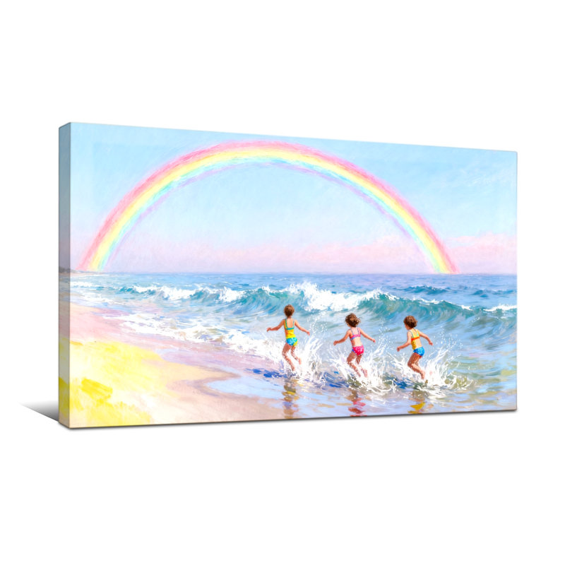 Nautique et plage, arc-en-ciel, plage, enfants, courant, vagues, ciel, H 16 po x l 32 po