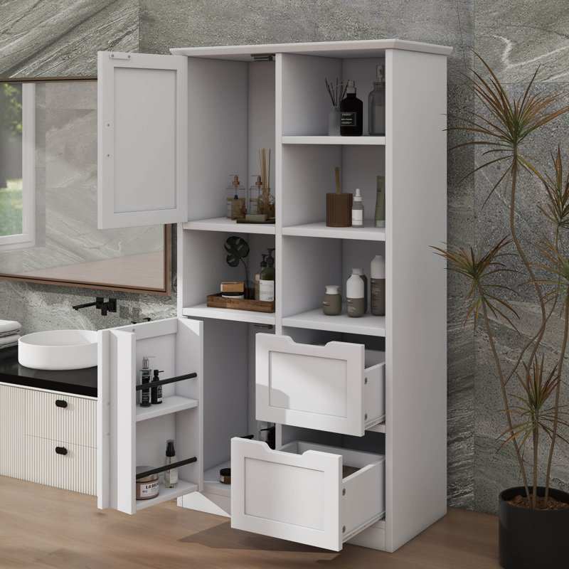 Bathroom Storage Cabinet With Doors & Drawers, Offering Ample Space, Freestanding Style, And Open & Adjustable Shelving Units