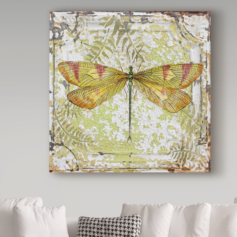 «Wraped Canvas Wall Art» par Jean Plout «Dragonfly On Tin Tile 1», art mural pour salon, chambre à coucher ou bureau - 14 x 14