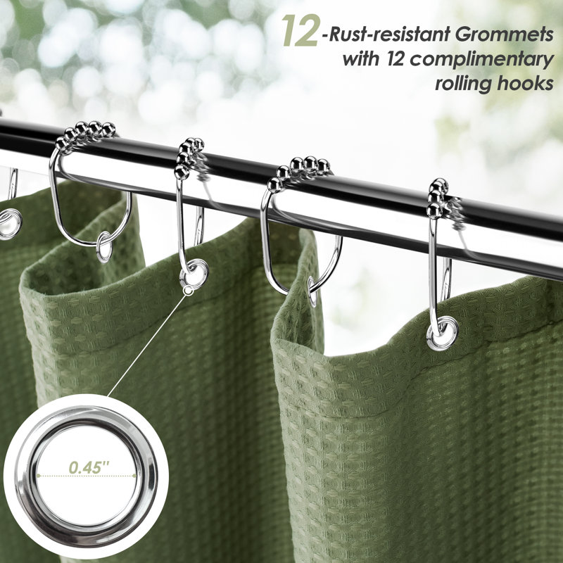 Sulmy Solid Color Shower Curtain with 12 Stainless Steel Hooks Included, Green, 72" H x 72" W
