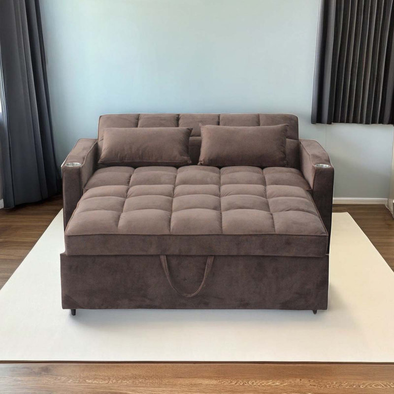 Eiri 55'' Wide Convertible Velvet Sleeper Square Arm Sofa Bed with Reclining Backrest and 2 Throw Pillows, Brown