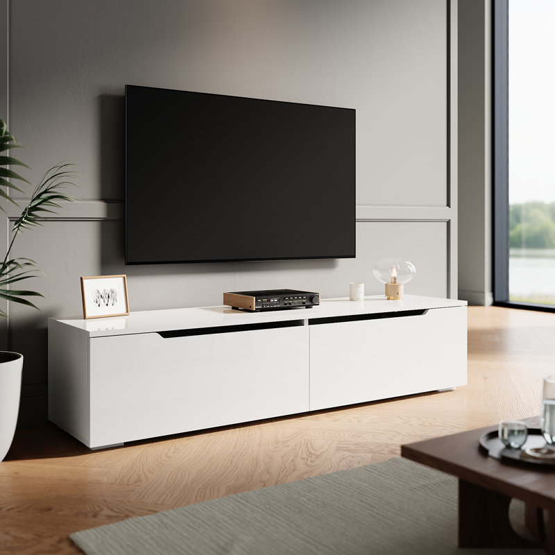 Floating TV Cabinet with RGB LED Light, Wall Mounted TV Stand, Soft Close Flip Doors Cable Hole, 30cm H x 140cm W x 35cm D