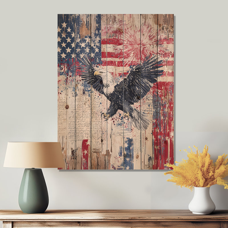 Patriotisme, aigle et drapeau américain, paysage I, H 44 po x l 34 po x P 0,78 po
