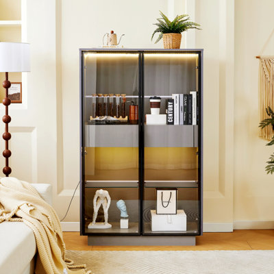 Armoire décorative, vitrine avec porte en verre trempé, armoire de rangement avec éclairage DEL et deux tiroirs, armoire de rangement intérieure