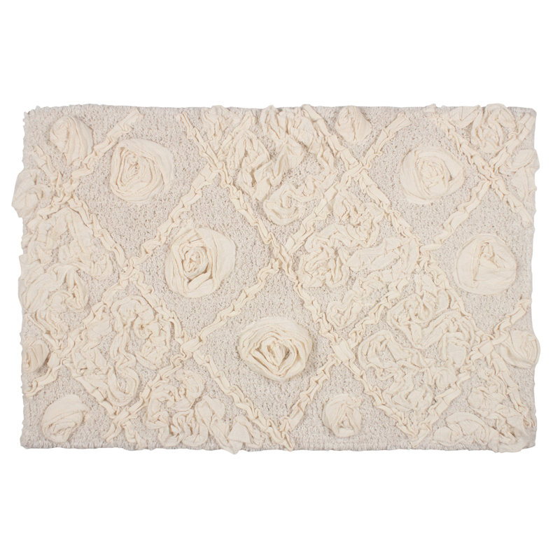 Schoenberger Floral Design Cotton Bath Rug, Ivory, 34" L x 21" W