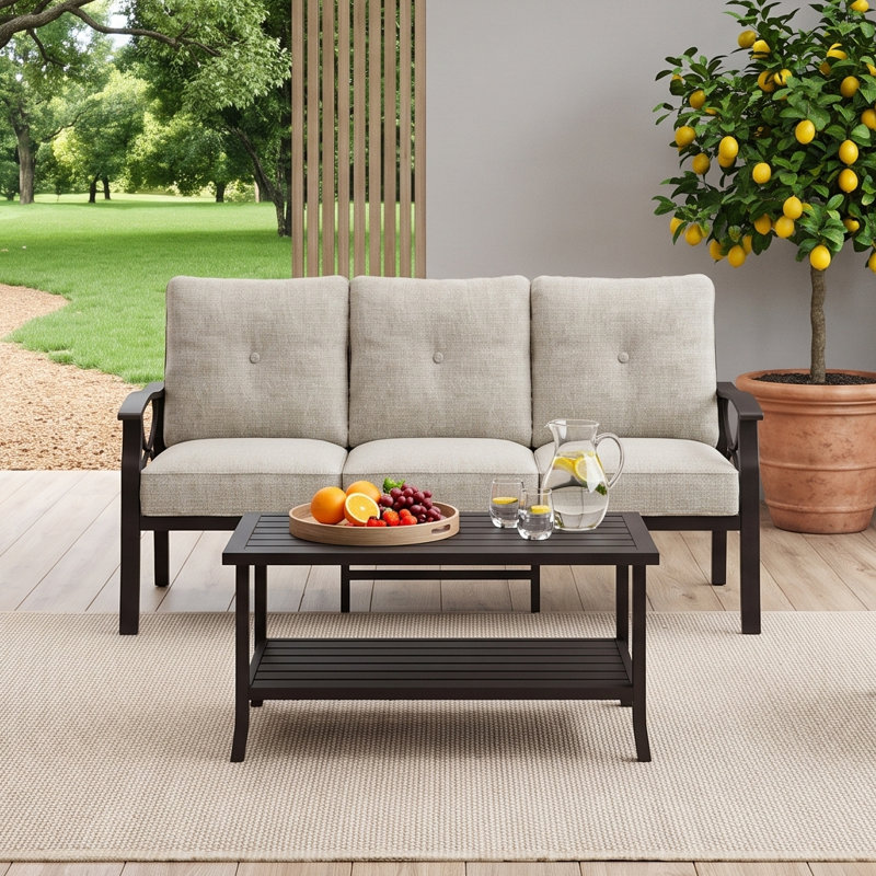 177.8cm Wide Straight Metal Sofa with Cushions, Khaki Cushion/Coffee Frame