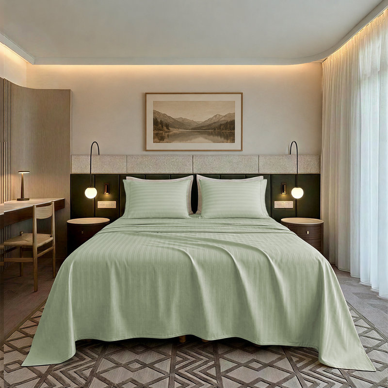 Ensemble de draps 100% coton 500 fils Threadmill, Ensemble de draps pour lit simple avec 1 taie d'or, Rayure vert sauge