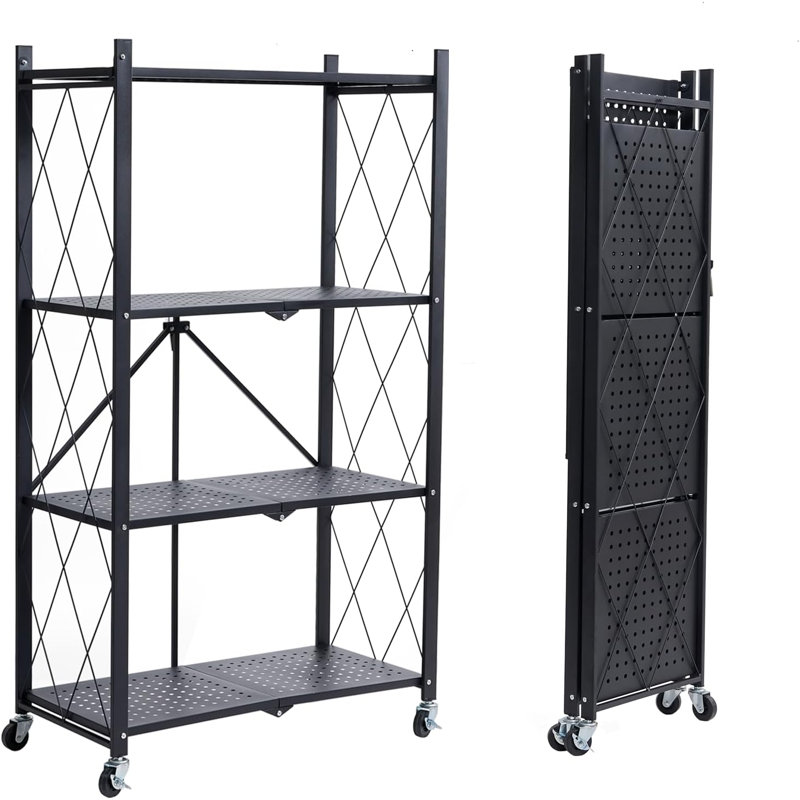 Support de rangement robuste en métal pliable à 4 couches - Organisateur de garage et de cuisine polyvalent avec conception ventilée, capacité de poids élevée, aucun assemblage requis, style art en fer noir pour le sous-sol et le rangement des aliments