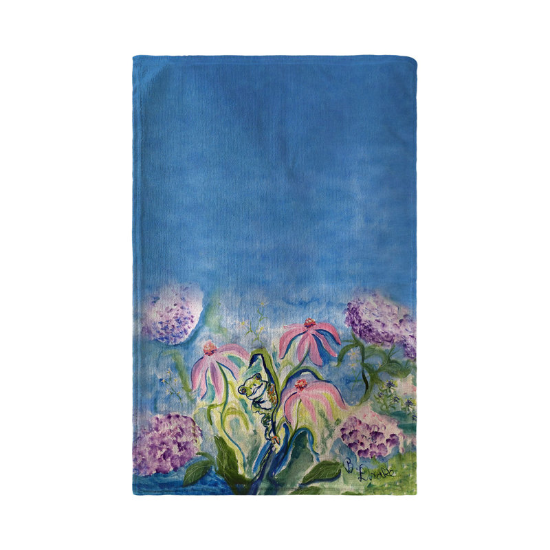 Serviette de cuisine grenouille et fleurs roses