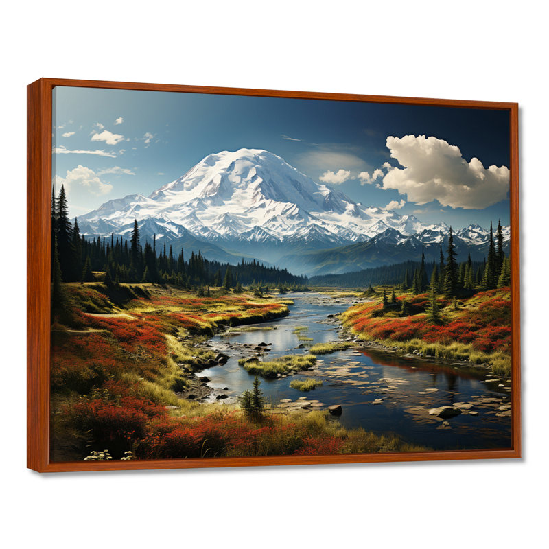 Art mural américain «Mount Rainier» - États-Unis, H 30 po x l 40 po x P 1,5 po, Cadre flottant brun