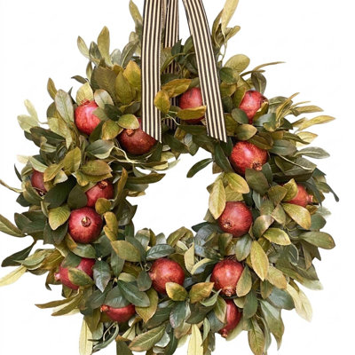 17.72 Inch Red Pomegranate Fruit Leaf Ribbon Wreath