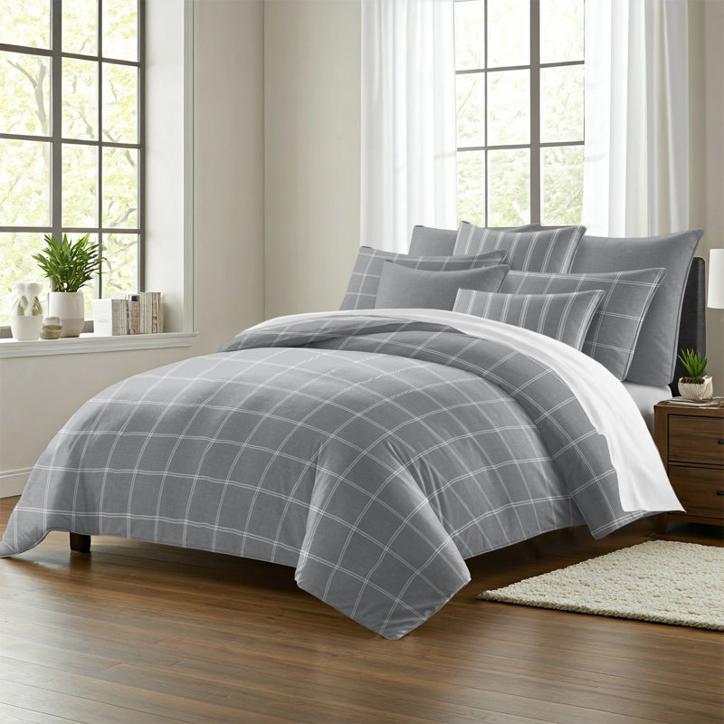 Shay Window Pane Gray Cotton Duvet Cover Set  8 Piece, Queen Duvet Cover + 7 Additional Pieces