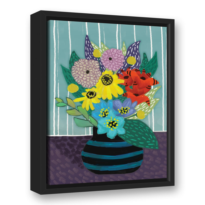 Fleurs dans un vase rayé - reproduction d'art sur toile, H 16 po x l 12 po x P 1,25 po, Cadre noir