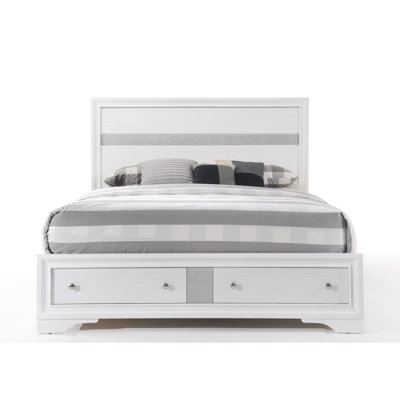 Grand lit de rangement blanc - Structure en bois sans sommier requis 3 lattes + 5 panneaux 2 tiroirs avec glissière centrale en métal à profil bas 8-10 po