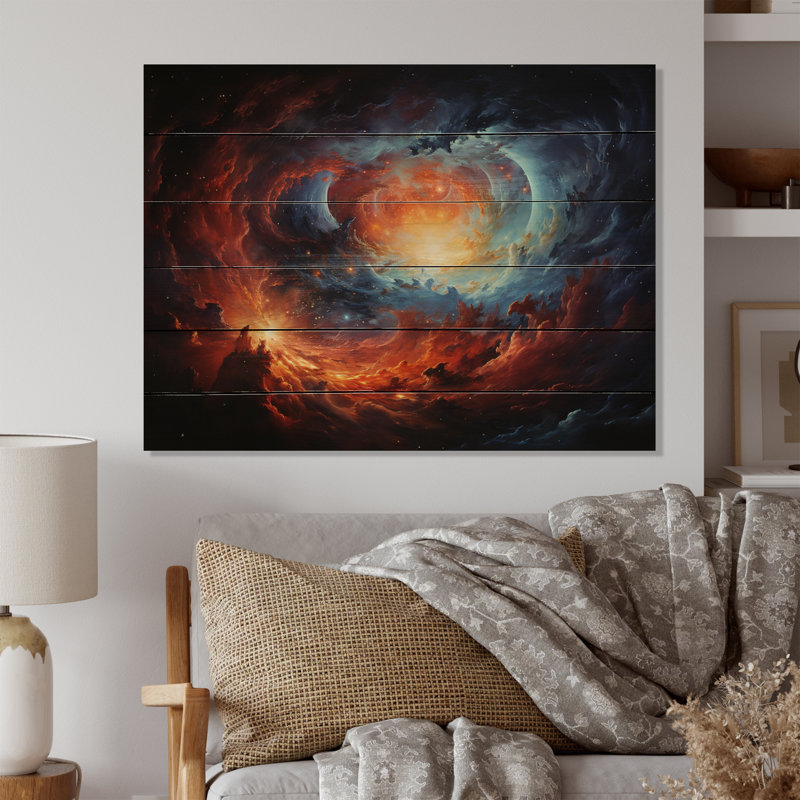 Impression de galaxie astronomique orange et bleu I sur bois, H 24 po x l 32 po x P 0,78 po