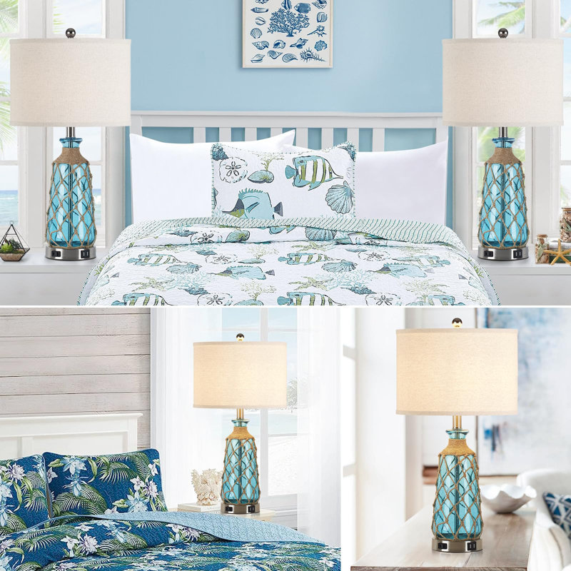 Turquoise Blue Bubble Glass Table Lamps with Beige Linen Shade, Set of 2