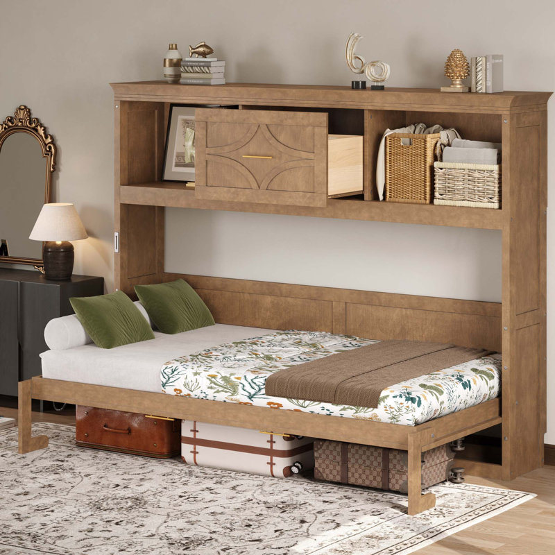 Lit escamotable simple avec station de charge et tiroir, Bois