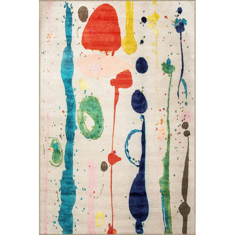 Creative Modern Decorative Carpet With Multicolored Abstract Paint Splatter Pattern, Round 5'
