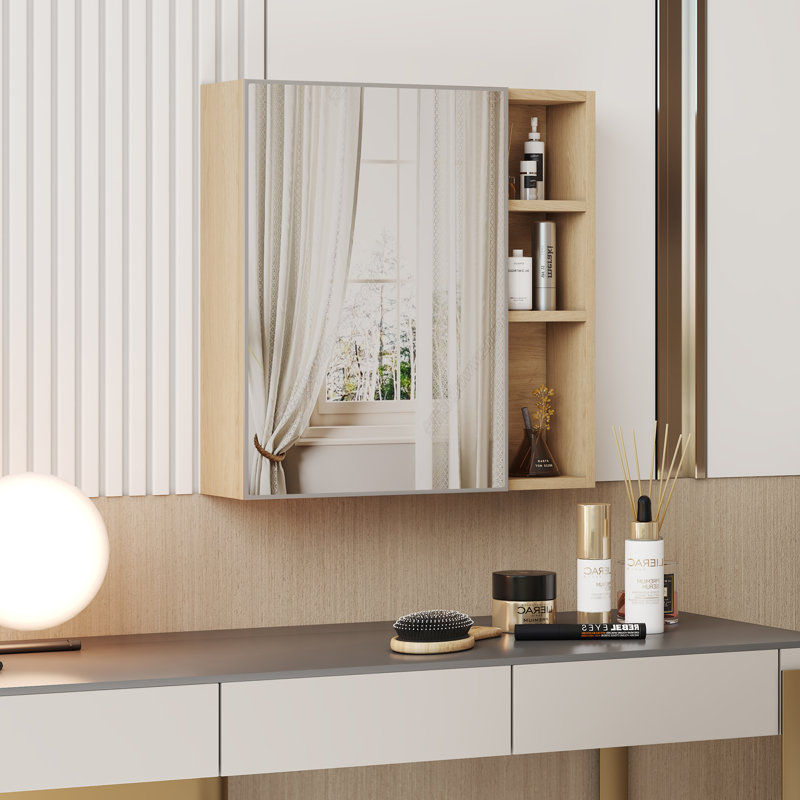 Armoire à miroir multifonctionnelle en grain de bois naturel, miroir transparent et espace de rangement, matériau en panneau de fibres à densité moyenne, miroir de salle de bain mural séparé pour le rangement organisé et les solutions d'économie d