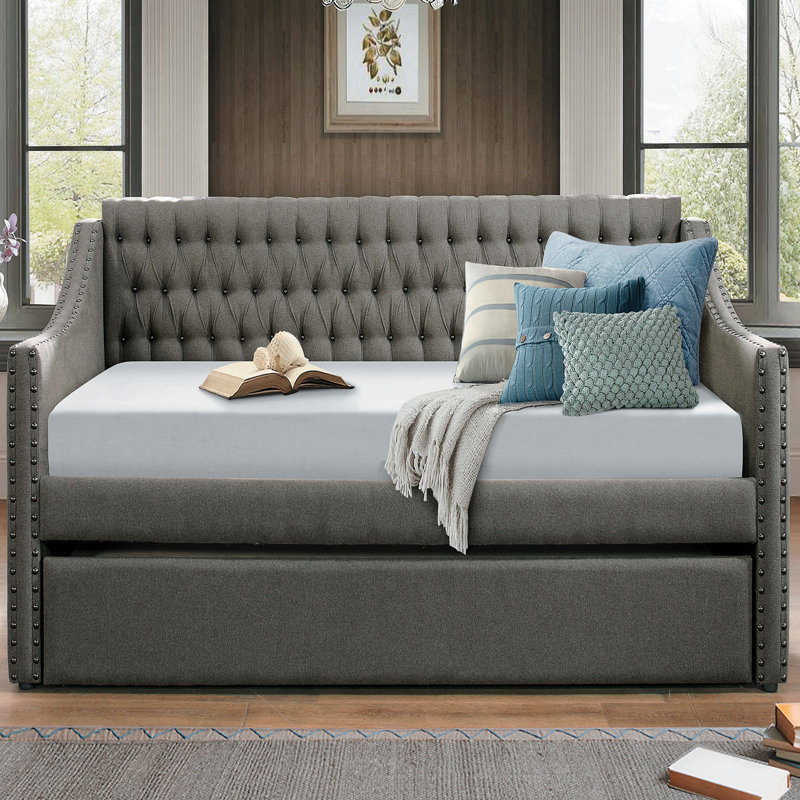 Lit de jour moderne capitonné en tissu gris foncé capitonné avec garniture cloutée et capitonnée, Gris foncé