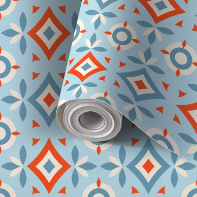 Papier peint auto-adhésif à motif géométrique rétro bleu orange auto-adhésif et amovible 17,7 po x 118 po (45 x 300 cm)