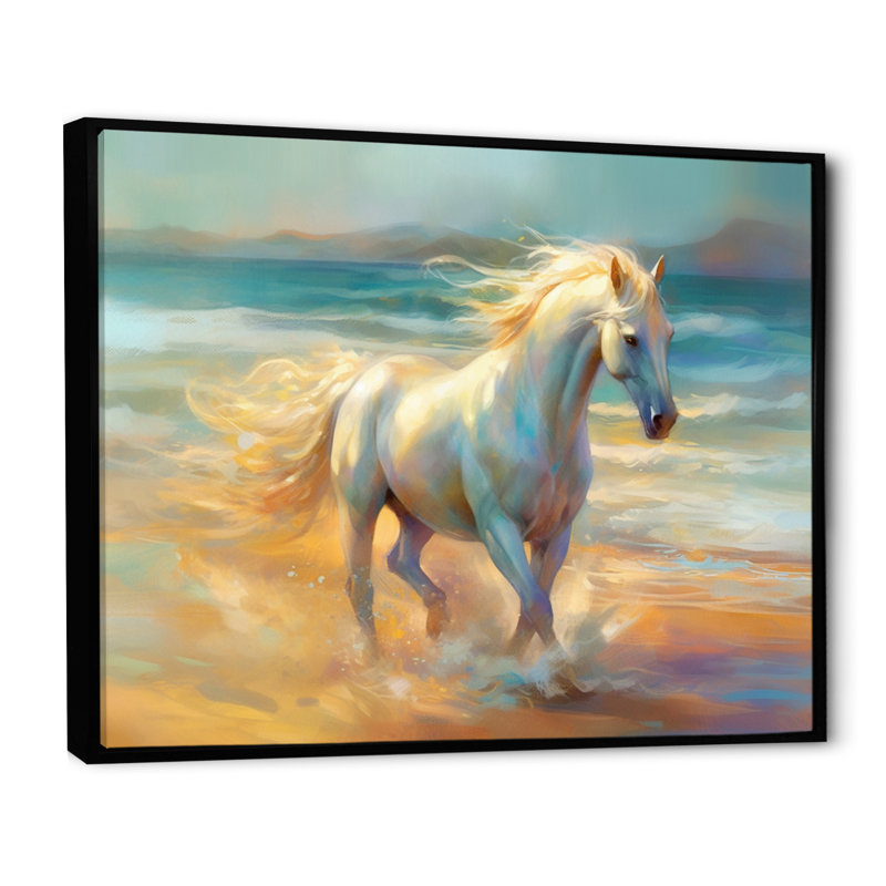 Cheval sur la plage I - art mural cheval, H 12 po x l 20 po x P 1 po, Cadre flottant noir