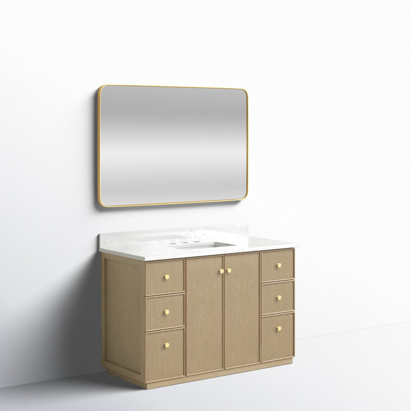 Ensemble de meuble-lavabo simple autoportant 48 po avec plateau en quartz Calacatta Rally, Chêne naturel