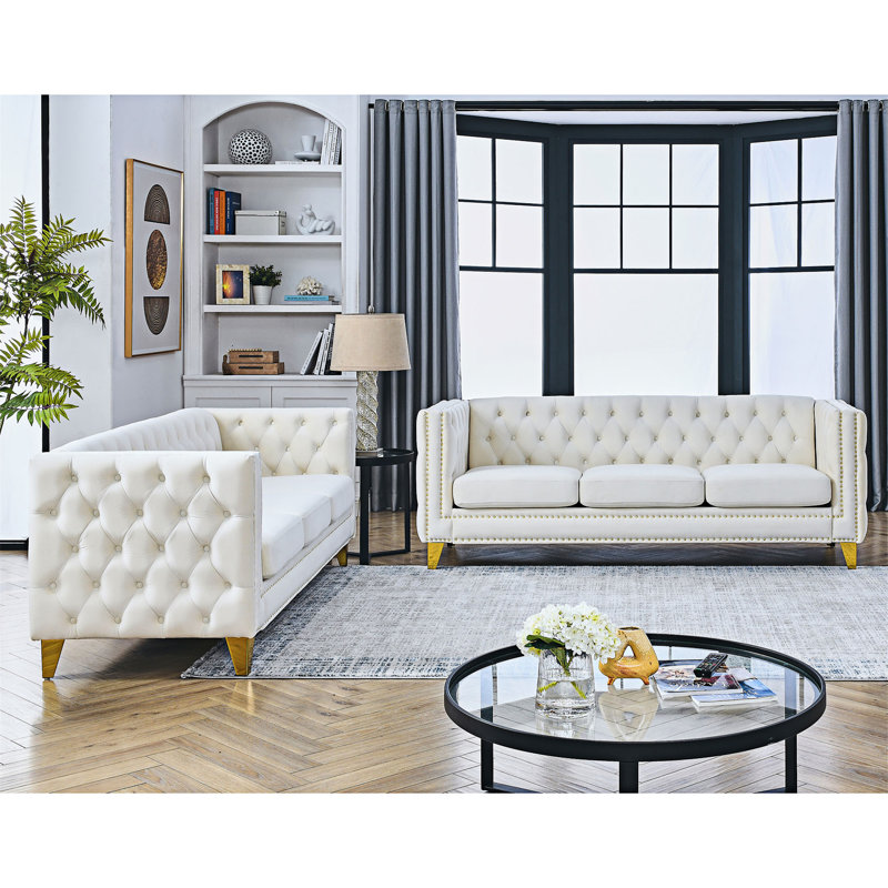 Buttons Tufted Square Arm Sofa Couch,2PCS, Beige