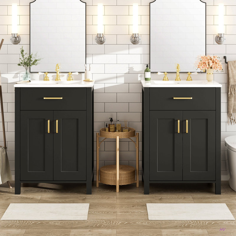 Meuble-lavabo moderne de 48 pouces avec lavabo en céramique, portes à fermeture en douceur, tiroir rabattable, tablettes de porte à double couche, solution de rangement élégante
