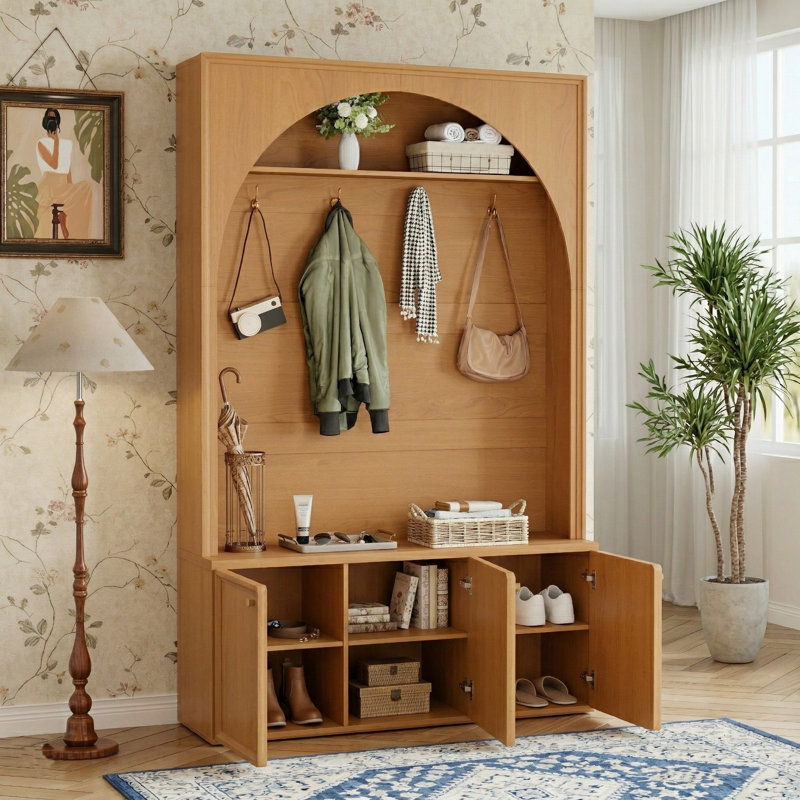 49” Wide Arched Entryway Hall Tree, Natural