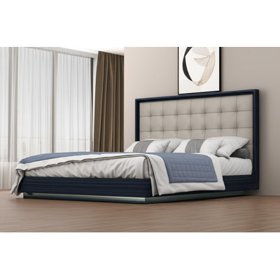 Blue and Gray Wood And Tufted Faux Leather Lighted King Bed Frame