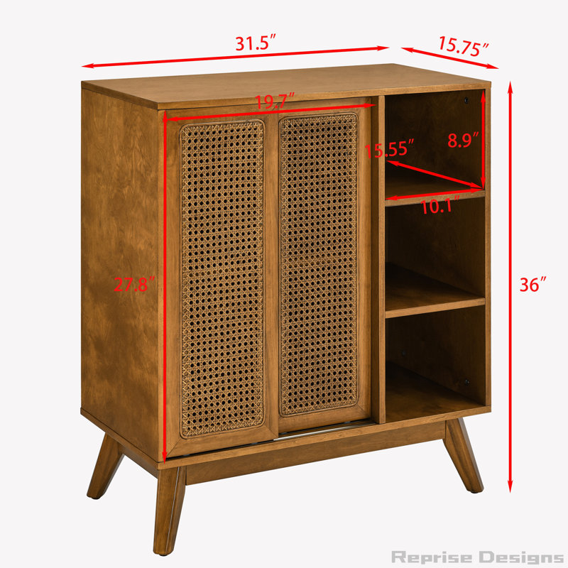 Light Walnut Rattan Sideboard Cabinet with Solid Wood Feet