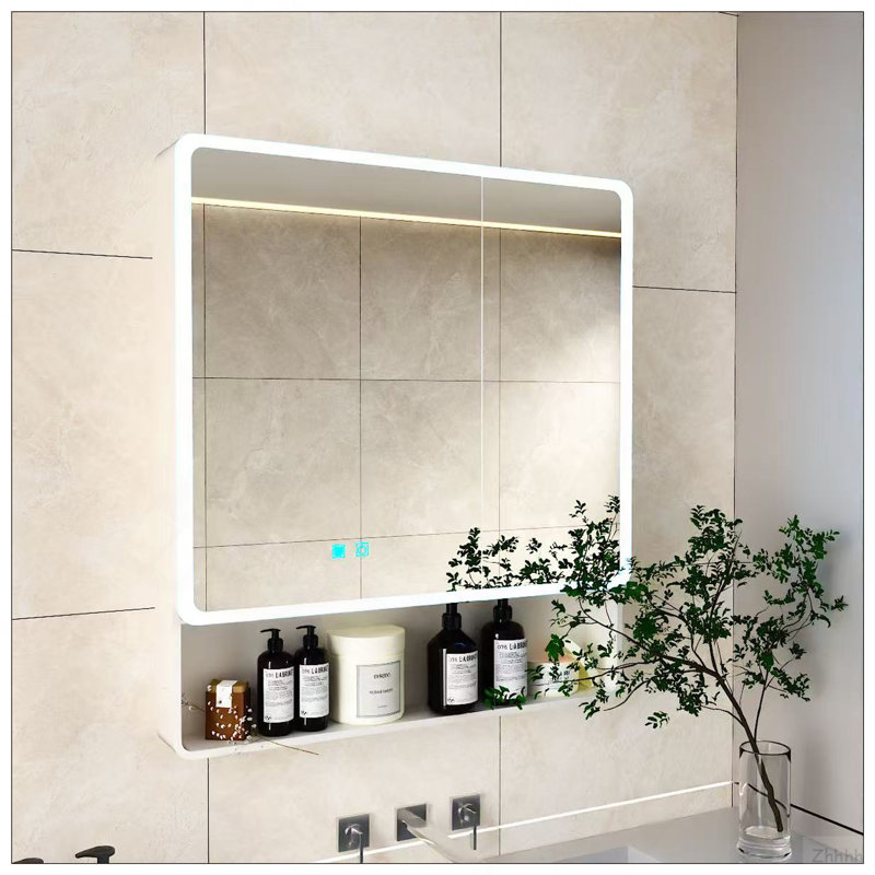 Armoire à pharmacie DEL pour la salle de bain avec lumière blanche une couleur, anti-buée, armoire en plastique-aluminium facile à installer. (31,5 x 35,43 à deux portes)
