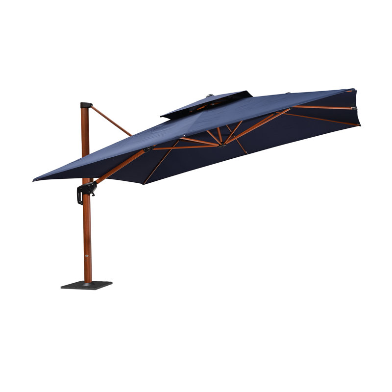 Parasol en porte-à-faux 144 po carré en bois avec base en tôle d'acier, marine, Bleu marine