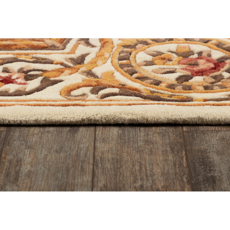 Airell Floral Handmade Tufted Wool Ivory/Brown Area Rug, Rectangle 2' x 3'