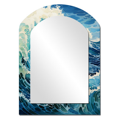 Coastal Waves Of Wonder VII - Waves Asymmetrical Wall Mirror, Coastal Arch Decorative Mirror, Printed Metal Art