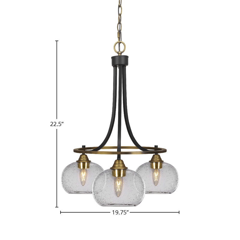 Lustre 3 lumières Paramount illustré en noir mat et finition laiton avec verre transparent de 7 po, À bulles