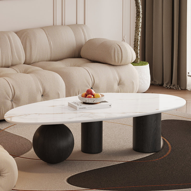 Table basse moderne en simili marbre à trois pieds en bois massif de forme spéciale pour le salon, Black