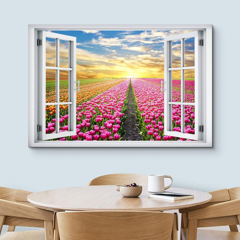 Fenêtre «Vue de la fenêtre, coucher de soleil, tulipe orange, champ de fleurs, images naturelles, paysage» sur